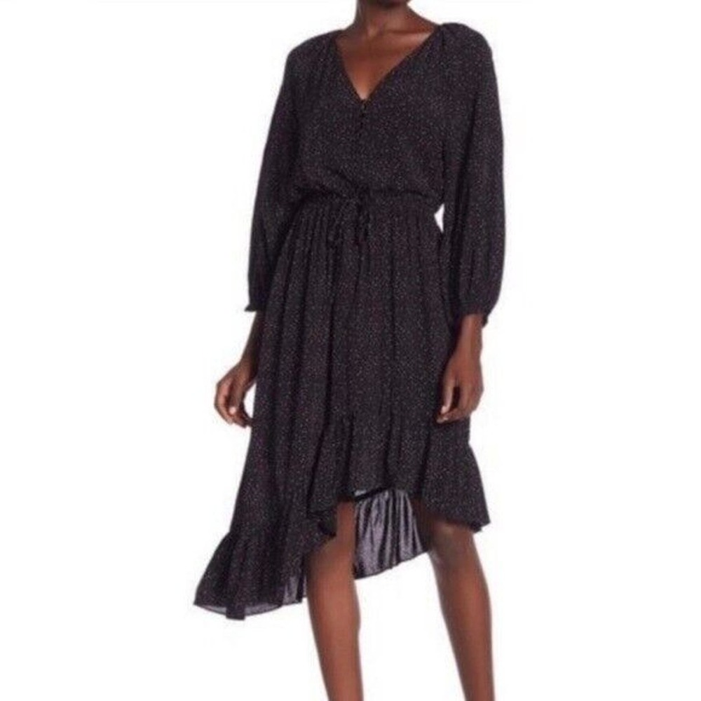 Joie Women M Alithea Black Mini Heart Print Chiffon Assymetrical Ruffle Dress